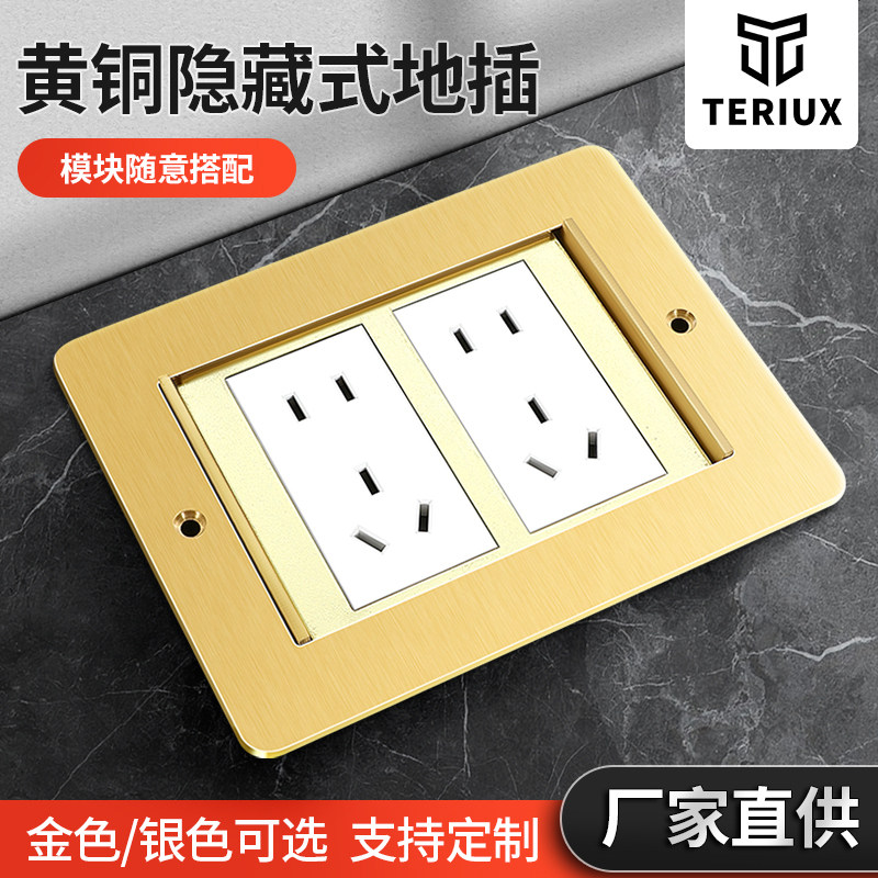 TERIUX隐藏式双门双联全铜防水地面插座二位五孔十孔网络电话地插