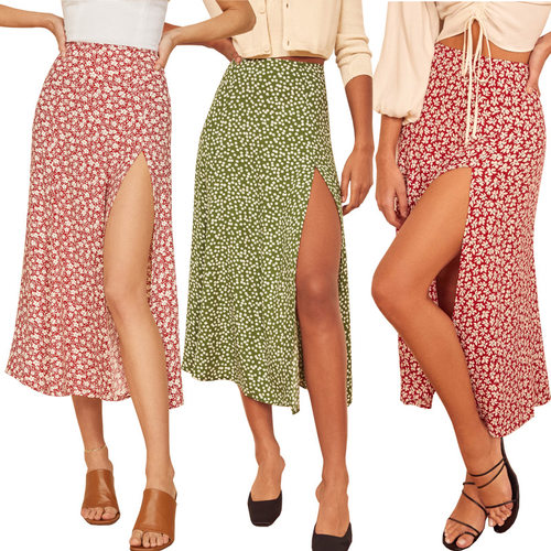 2026 Women's gram Print High Waist Elastic Hip Split Long A-