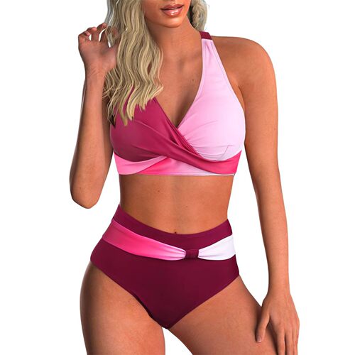 Striped High Waist Multi-color Sexy Split Seaside Swimsuit