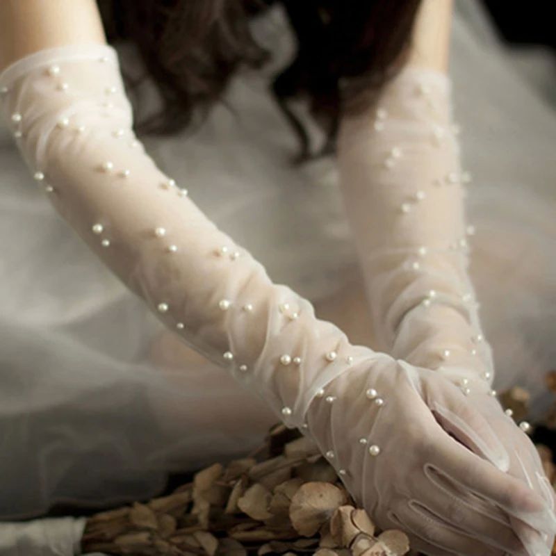 Vintage Transparent Wedding Gloves Pearls Long Elbow Mittens 运动/瑜伽/健身/球迷用品 芭蕾舞服 原图主图