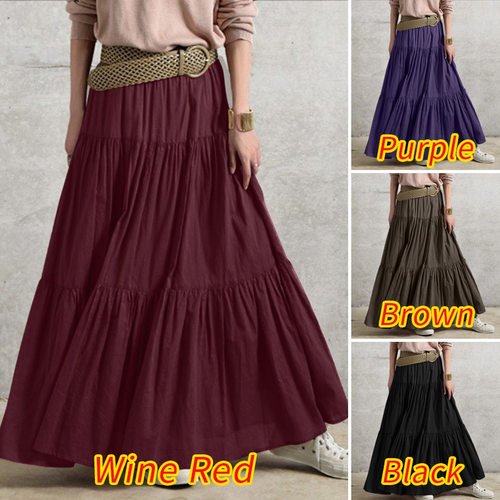 Ladies Ruffle Casual Long Skirt Plain Skirt Retro Style Plea