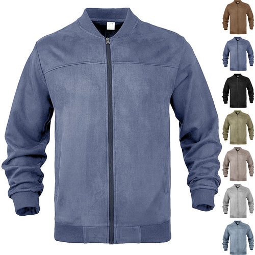 Men’s Suede-feel Solid-color Casual Sporty Stand-collar Zip
