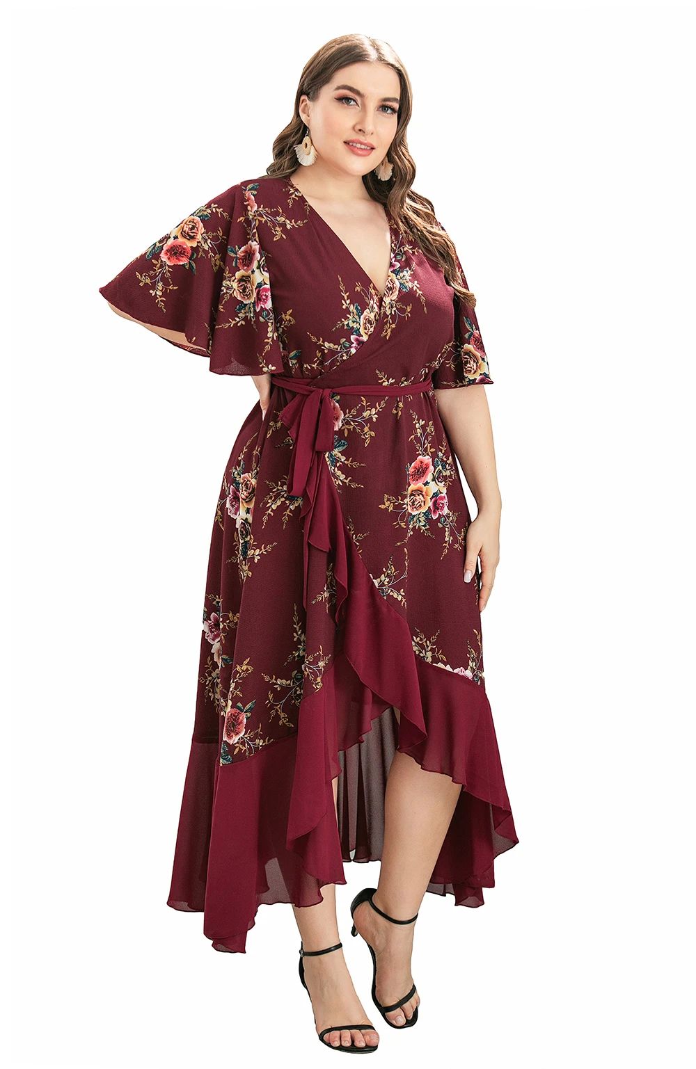 Plus Size Floral Print Maxi Long Bohemian Wrap Dresses For W