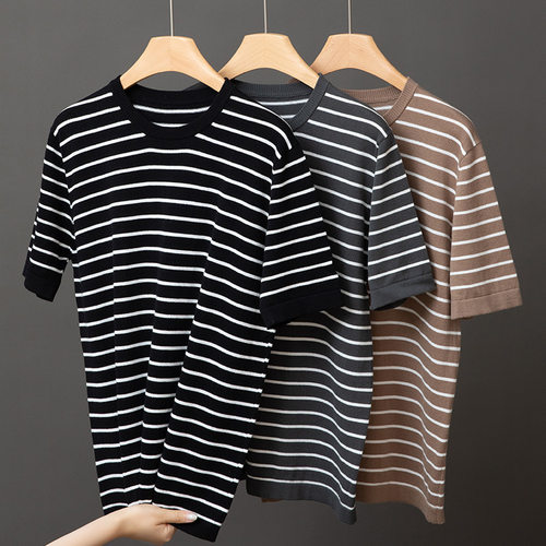 Pure tton Striped Knitted Short-sleeved Men's Round Neck Loo