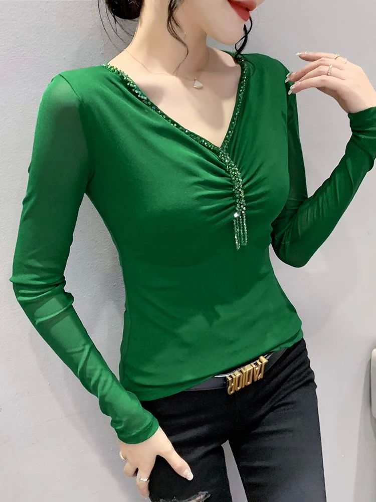 S-4XL T Shirt Women V-neck Sequined Diamonds Sexy Short Slim-封面