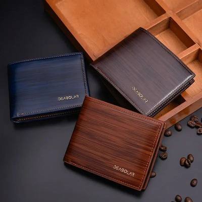 Men Short Style Wallet Glossy Wood Grain Fashion Multi Card