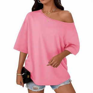 Spot 2026 Women's T-shirt Casual Fashion Slant llar Women's