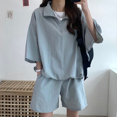 High llar Zipper Short-sleeved Shorts Women's Two-piece Set