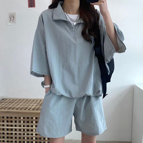 High llar Zipper Short-sleeved Shorts Women's Two-piece Set