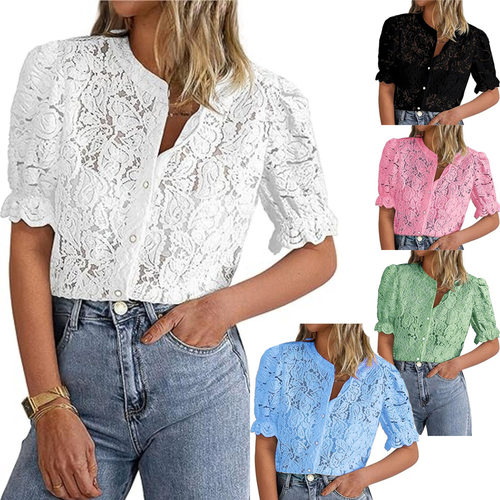 2026 Fashion Elegant Lace Short Sleeve Button Women's Clothi