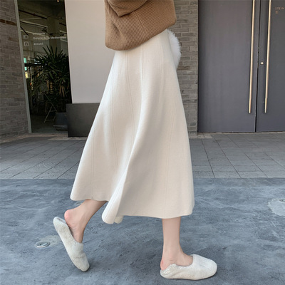 Knitted Women's Mid-length High-waisted A-line Woolen Skirt