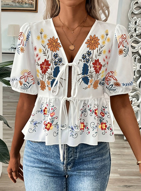 2026 Fashion Women's Printed V-neck With Short Placket, Ruff