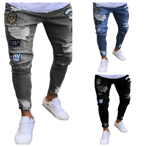 Embroidered Men's Knee Ripped Zipper Pants Large Size Denim