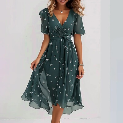 2026 Chiffon Print Ladies Sexy Elegant Light Mature V-neck