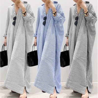 2026 tton-linen Striped Cardigan, Loose-fit, Plus-size, Eleg
