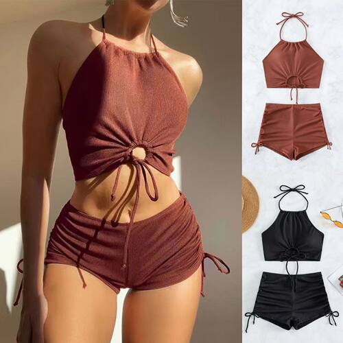 Split Swimsuit Women's Small Pit Neck Backless Drawstring Sw
