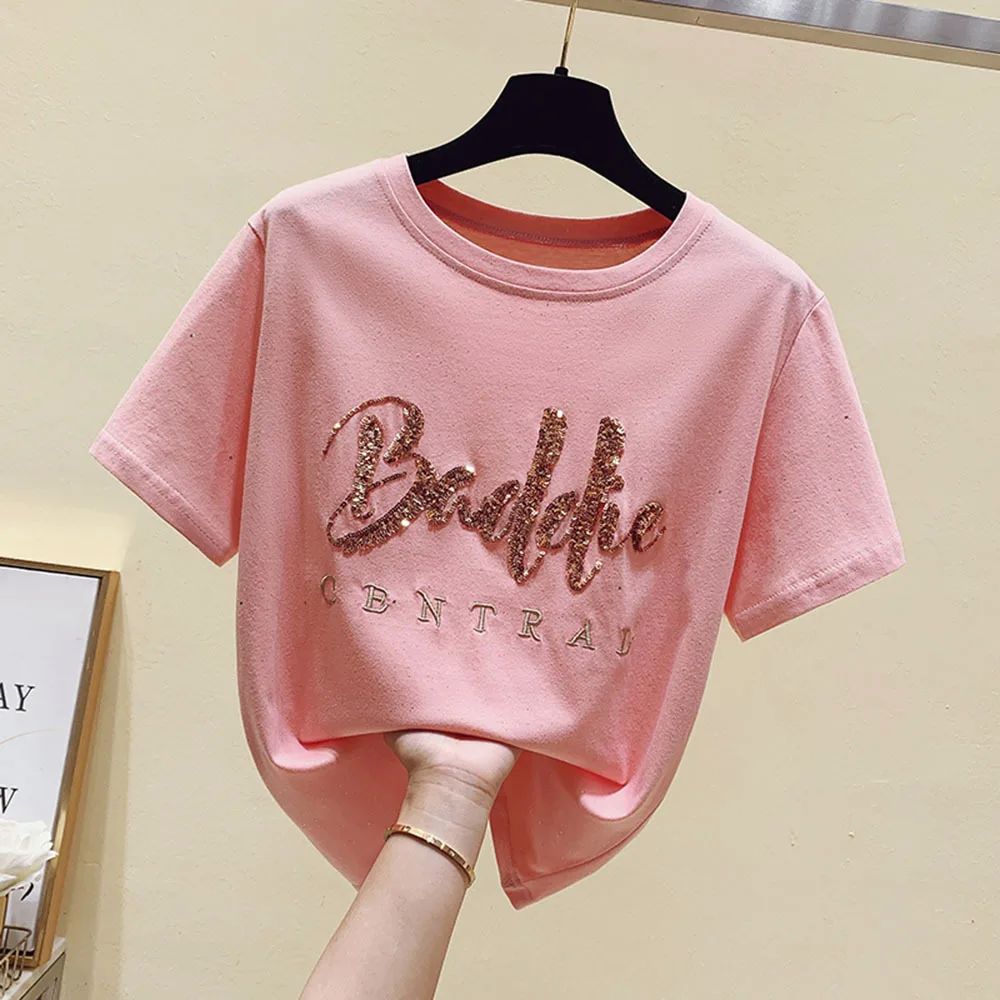 Summer 2022 New sequins Letter Crystals Pure Cotton Loose Sh-封面