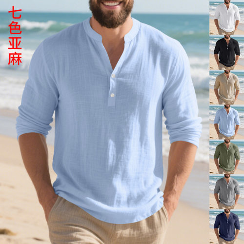 Linen Men's T-shirt With Vertical llar Buckle Loose Casual T