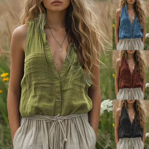 Women's Casual Loose Fashion Sleeveless tton And Linen Solid
