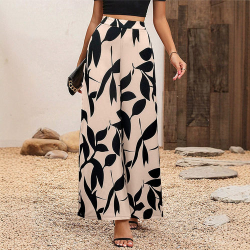 Chiffon Leaf Print Temperament High Waist Wide Leg Pants For
