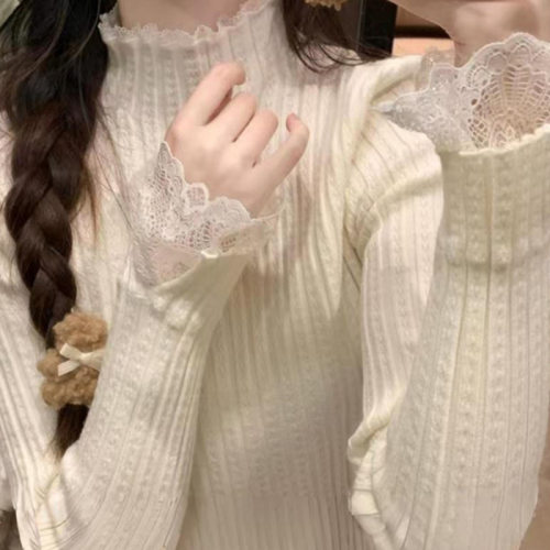 Autumn And Winter Lace Splicing Knitted Bottoming Shirt For