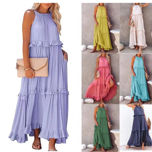 2026 Resort-style Flowing Long Dress With Ruffled Hem For Wo