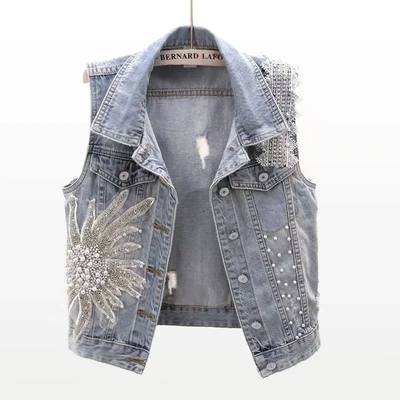 fashion Lace Beaded Denim Vest Women Cardigan 2024 New sprin