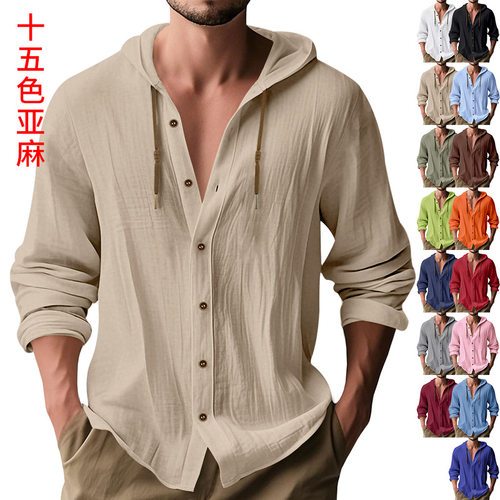 Men's Solid lor Casual Hooded Drawstring tton Linen Cardigan