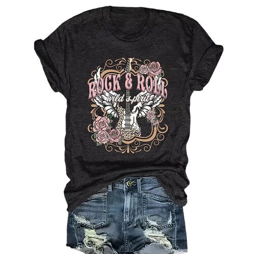 Women's Site Hot Sale Violin Print Round Neck Short-sleeved