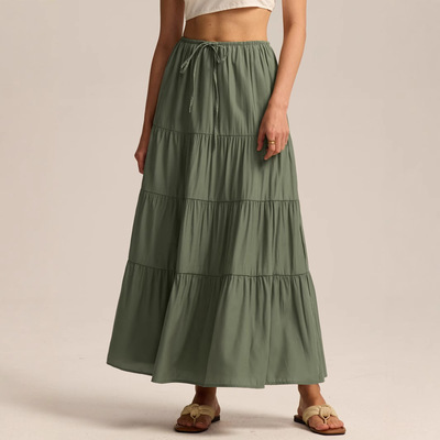 Women's tton High Waist Elasto Lace-up Large Swing Dress Loo