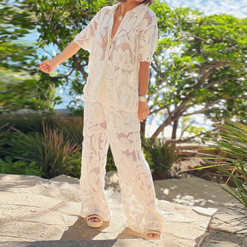 Women's Hollow Holiday Set Lapel Short Sleeves + Wide Leg Pa