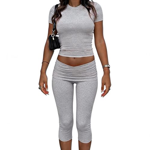 Women's Casual Workout Two-piece Solid lor Round Neck Short