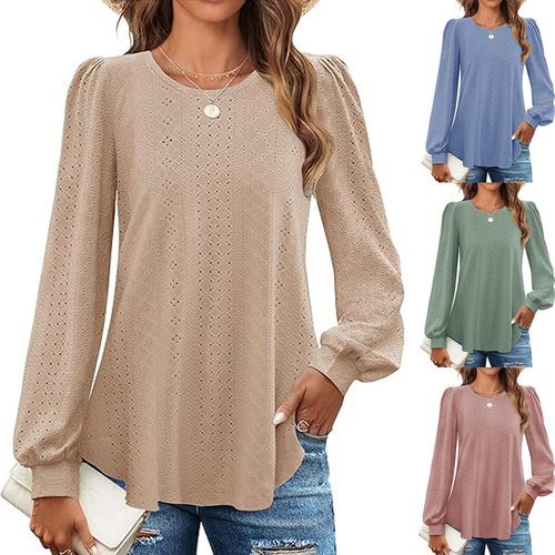 Women's 2026 Round Neck Loose Casual Lantern Sleeve T-shirt