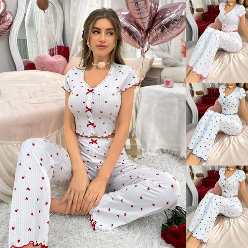 Home Clothes Printed Love V-neck Short Sleeve Pants Suit Can