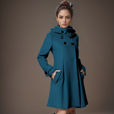 Women's Mid-length Woolen at Hooded Double-breasted Hallowee