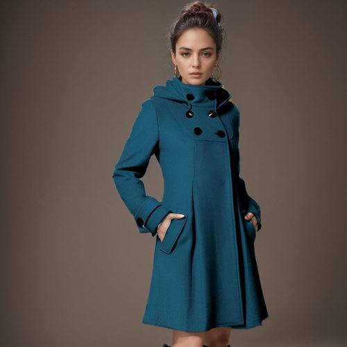 Women's Mid-length Woolen at Hooded Double-breasted Hallowee