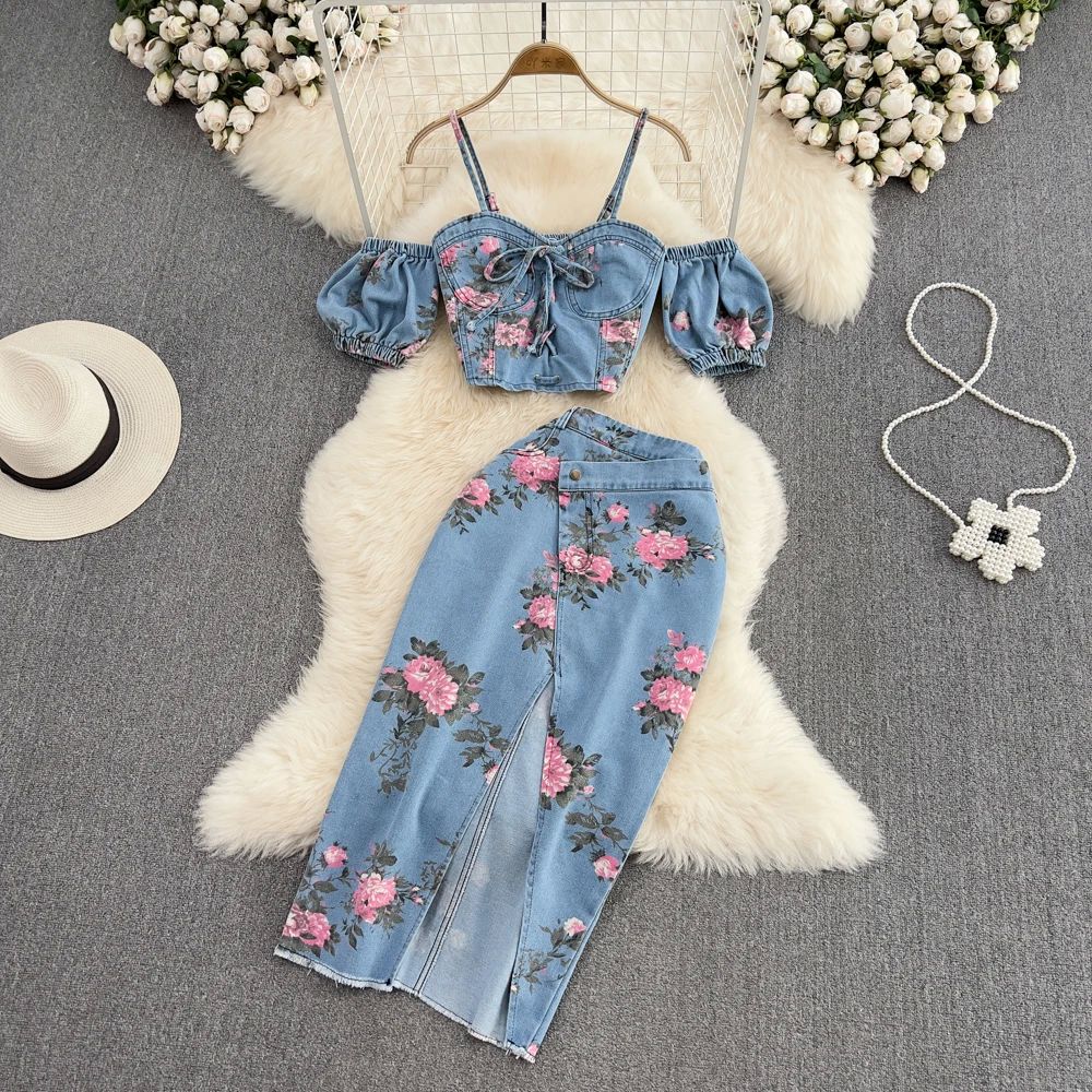 2023 Summer Denim Skirt Suit Female Hot Girls Off Shoulder S-封面