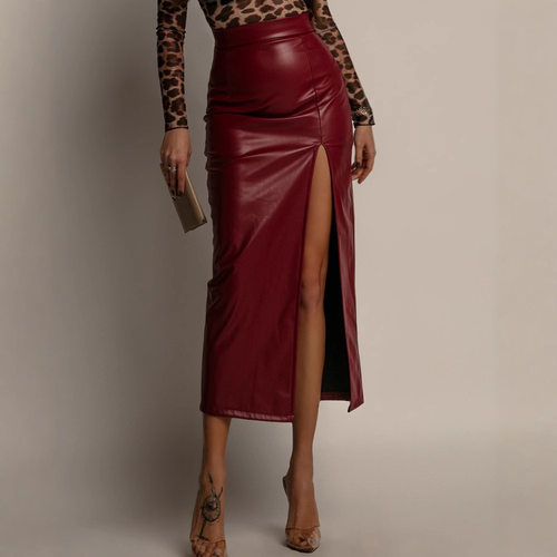 Leather Split Women's High Waist Slim Fit Leather Hip Skirt