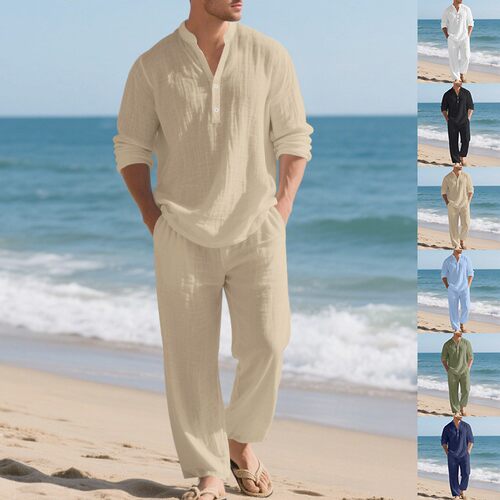 Station Linen Men's Loose Casual Breathable V-neck Henley Sh