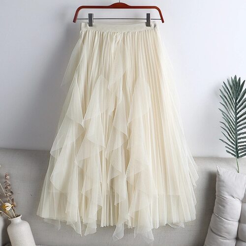 2026 High Waist Ruffled Splicing Mesh Women's Mid-length Lar