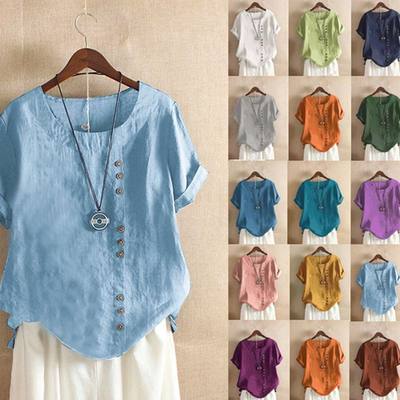 18 Colors S-5XL Women Cotton Linen Button Blouse Summer Fema