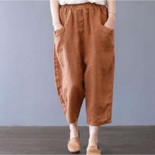 Women's Solid lor Large Size Loose High Waist Pocket tton Li