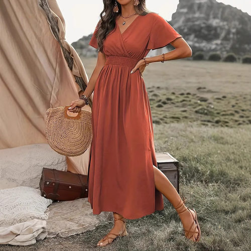 In-stock Women’s 2026 V-neck Long Dress, Casual Resort Styl