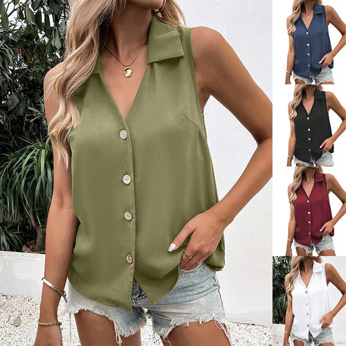 2026 Women's Solid lor V-neck Loose Sleeveless Twist Buckle