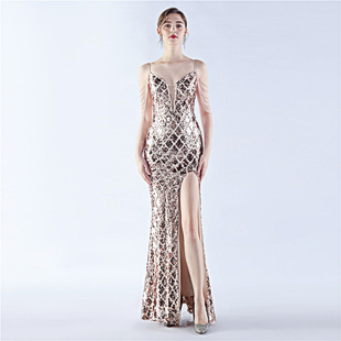 晚礼服女气质高级感轻奢名媛鱼骨收腰闪闪亮片高端长款鱼尾连衣裙