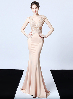 2025年新款长裙时尚婚礼高腰主持人聚会晚装小拖尾年会聚会晚礼服