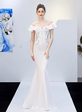 2025新款约会表演新娘长款一字肩答谢宴晚装修身鱼尾裙结婚晚礼服