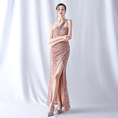 晚礼服女高端气质重工钉珠亮片亮闪闪晚宴公司年会斜肩长款 连衣裙