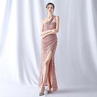 晚礼服女高端气质重工钉珠亮片亮闪闪晚宴公司年会斜肩长款连衣裙