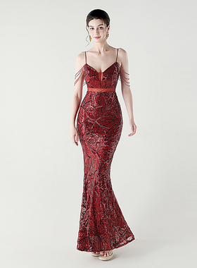 红色高端大气晚礼服女高级感主持人名媛轻奢小众长款吊带鱼尾裙子